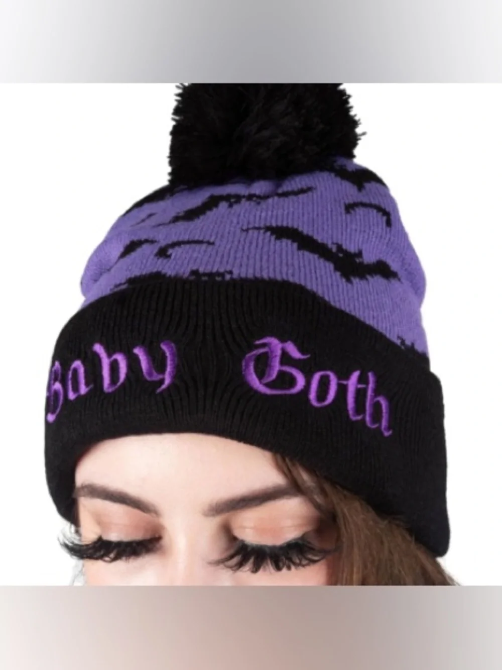 Too Fast Purple & Black Baby Goth Pom Beanie